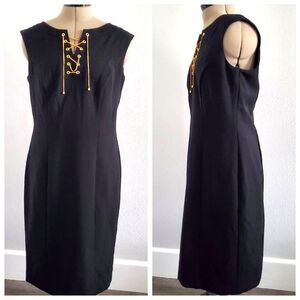 NWT Ellen Tracy Women's Sheath Dress Size 6 Black Sleeveless Lace-Up Gold Chain